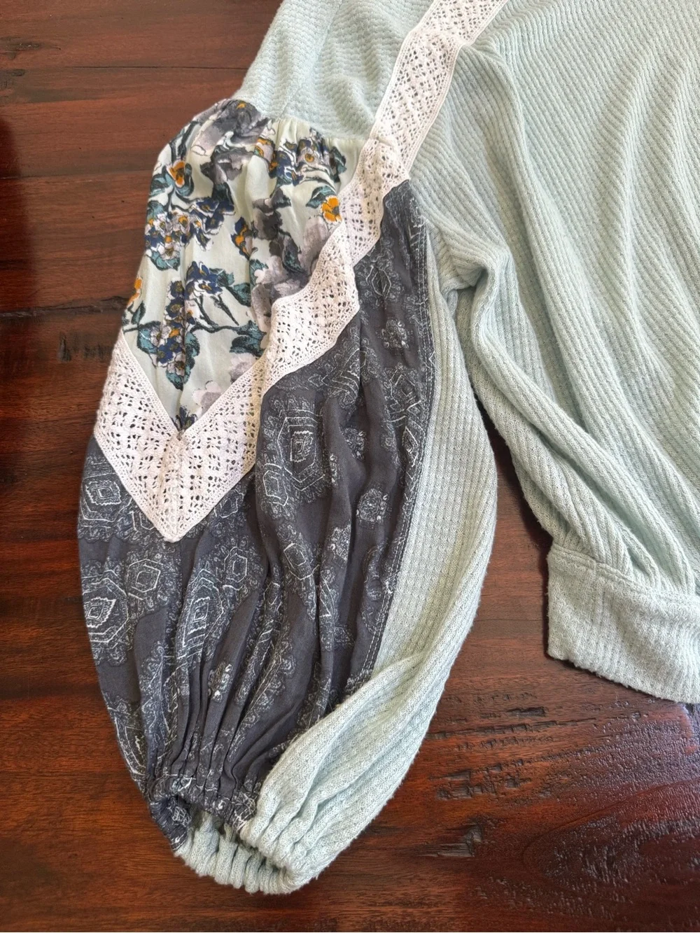 Free People Casual Clash Floral Patchwork Crochet Balloon Sleeve Thermal Top